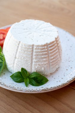 Peynir koleksiyonu, taze domates ve fesleğenle servis edilen yumuşak İtalyan organik peyniri ricotta.