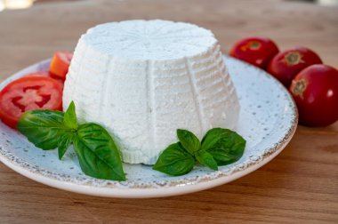 Peynir koleksiyonu, taze domates ve fesleğenle servis edilen yumuşak İtalyan organik peyniri ricotta.