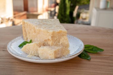 Peynir koleksiyonu, olgun inek peyniri pasmesan parmegiano reggiano ve arka planda İtalyan evleri güneşli bir günde