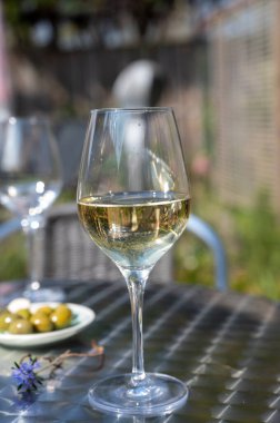 Güneşli bir günde bahar bahçesinde açık terasta beyaz şarap içmek.