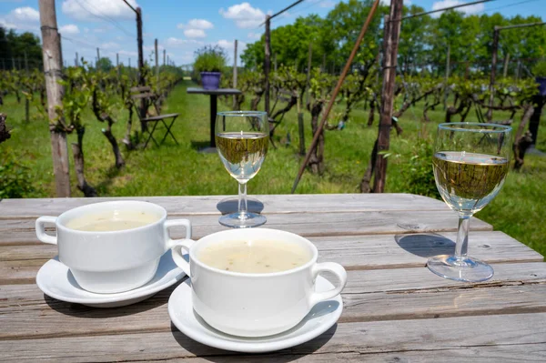 Lunch Homemade White Asparagus Soup Dutch White Wine Served Outdoor — Stock Photo, Image