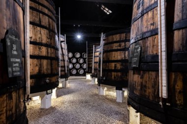 Portekiz 'in kuzeyindeki Vila Nova de Gaia' da güçlendirilmiş yakut ya da tawny porto şarabının yavaş yaşlanması için meşe ağacı fıçılarıyla dolu eski bir porto kulübesi.