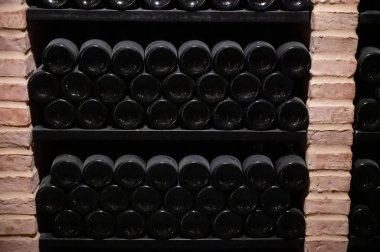 Portekiz 'in kuzeyinde, Vila Nova de Gaia, Portekiz' in eski mahzenlerinde kaliteli yakut ya da tawny porto şarabı şişeleri