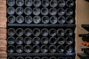 Portekiz 'in kuzeyinde, Vila Nova de Gaia, Portekiz' in eski mahzenlerinde kaliteli yakut ya da tawny porto şarabı şişeleri