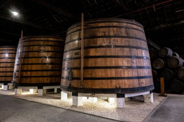 Portekiz 'in kuzeyindeki Vila Nova de Gaia' da güçlendirilmiş yakut ya da tawny porto şarabının yavaş yaşlanması için meşe ağacı fıçılarıyla dolu eski bir porto kulübesi.