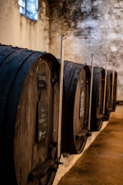 Portekiz 'in kuzeyindeki Vila Nova de Gaia' da güçlendirilmiş yakut ya da tawny porto şarabının yavaş yaşlanması için meşe ağacı fıçılarıyla dolu eski bir porto kulübesi.