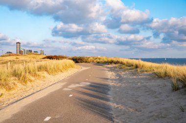 Güneşli günbatımında kumlu plajlı Vlissingen şehri, Zeeland, Hollanda