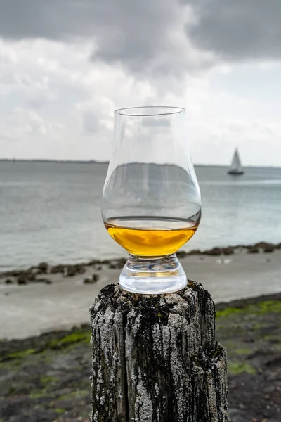 スコットランドの海岸でシングルモルトスコッチのドラムの試飲 ウイスキーグラスで古い木製の棒 — ストック写真