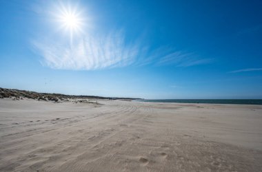 Güneşli bir günde, Renesse 'deki geniş kumlu kuzey sahili, Zeeland, Hollanda