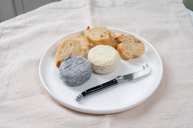 Peynir koleksiyonu, Fransız keçi peyniri crottin Fransız ekmeğiyle servis edilen ve eski Fransız sokağı ve evleri olan arka plan.