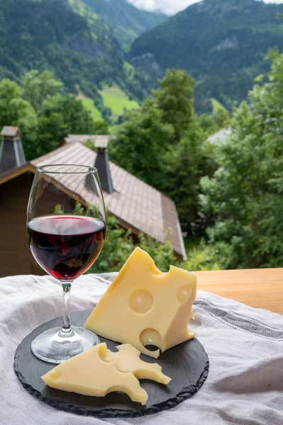 Collezione Formaggi Formaggio Mucca Francese Emmental Bicchiere Vino Rosso Della — Foto Stock