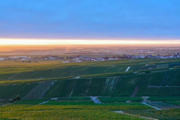 Csodálatos Napkelte Esős Napon Felett Zöld Grand Cru Szőlőültetvények Közelében — Stock Fotó