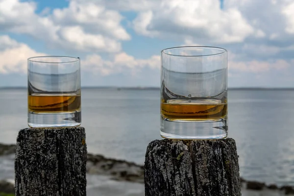 Degustação Único Whisky Malte Beira Mar Escócia Velhos Postes Madeira — Fotografia de Stock