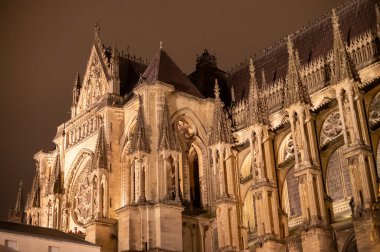Eski Fransız şehri Reims, Fransa 'nın merkezindeki Gotik Roma Katolik katedrali Notre-Dame' ın güneşli bir günde detaylı görüntüsüne bakın.