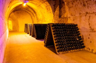 Derin ve uzun yeraltı mağaralarındaki raflarda şişeler şarap ve üzüm şarabından şampanya yapıyor Reims, Champagne, France 'ta.