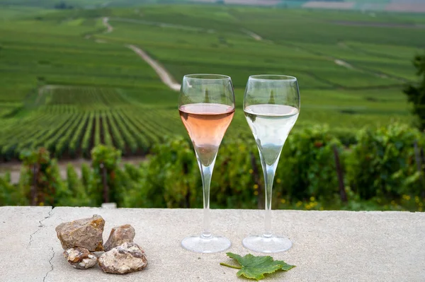 Glasses of white and rose brut champagne wine, firestones from vineyard soil and view on grand cru vineyards of Montagne de Reims near Verzenay, Champagne, France