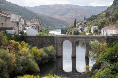Douro nehir vadisinde panoramik manzara ve renkli tepe merdivenleri sonbaharda üzüm bağları, Portekiz 'de şarap ve liman üretim endüstrisi terasları