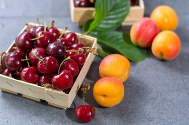 Taze ekşi kiraz meyveli küçük tahta kutular.