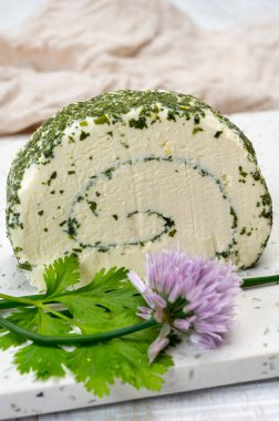 Peynir koleksiyonu, taze beyaz keçi peyniri Fransız peyniri, aromatik otlar ve pirzolalar.