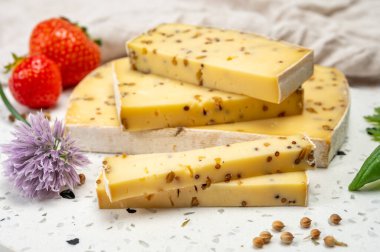 Peynir koleksiyonu, olgun sarı inek peyniri ve Belçika 'dan hardal tohumları.