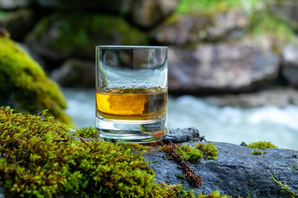 Glass Strong Scotch Single Malt Whisky Fast Flowing Mountain River — Stock Photo, Image