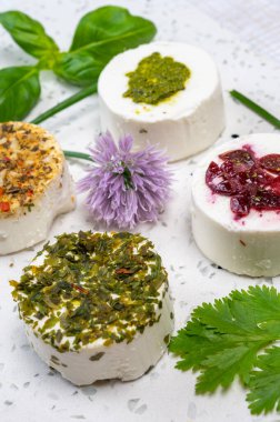 Peynir koleksiyonu, taze beyaz keçi peyniri aromalı Fransız peyniri, böğürtlen ve yeşil pesto.
