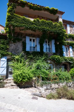 Eski Fransız köyü Grimaud 'da yaz çiçeklerinin renkli çiçekleri, turistlerin uğrak yeri, Var, Provence, Fransa