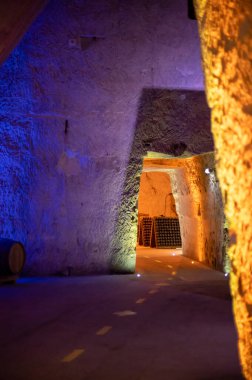Derin ve uzun yeraltı mağaralarında, raflarda tozlu şişelerle yürür, Chardonnay 'den şampanya ve Reims, Champagne, France' da pinor noir üzümleri yapar.