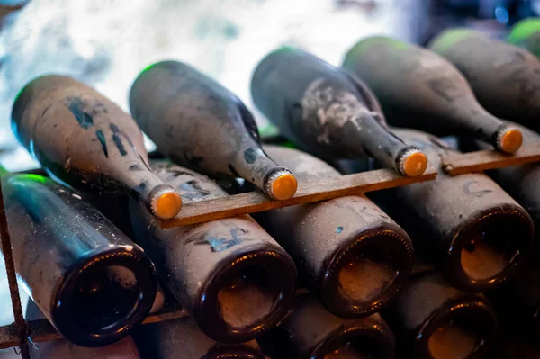 Procházky Hlubokých Dlouhých Podzemních Jeskyních Zaprášenými Lahvemi Regálech Výroba Šampaňského — Stock fotografie