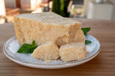 Peynir koleksiyonu, olgun inek peyniri pasmesan parmegiano reggiano ve arka planda İtalyan evleri güneşli bir günde