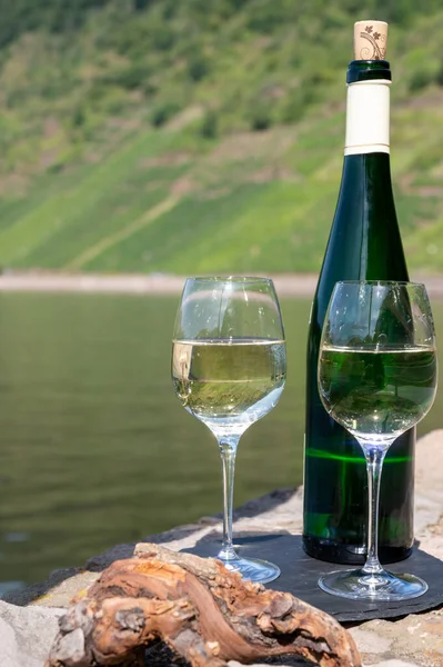 Tasting of white dry quality riesling wine with view on steep slopes of terraced vineyards overlooking Mosel river in sunny day