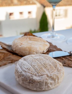 Peynir koleksiyonu, Roquefort-sur-Soulzon, Fransa 'dan yarı sert Fransız rokfor peyniri, soğuk beyaz Fransız şarabı ile servis edilir, yakın çekim.