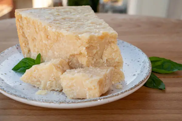 Peynir koleksiyonu, olgun inek peyniri pasmesan parmegiano reggiano ve arka planda İtalyan evleri güneşli bir günde