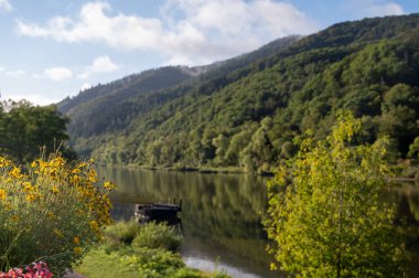 Ediger-Eller kasabası yakınlarındaki Moselle Nehri 'nde sessiz bir sabah, su ve yeşil tepeler manzarası, Batı Almanya' da turizm beldesi