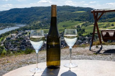 Alman şarabı içmek teraslı üzüm bağlarında şarap içmek Moselle Nehri Vadisi manzaralı, Almanya 'da şarap imalatı endüstrisi, iki kadeh şarap.