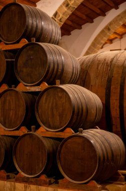 Eski büyük meşe fıçılarıyla şarap mahzeni ziyareti, Marsala, Sicilya 'da güçlendirilmiş kuru veya tatlı marsala şarabı üretimi, İtalya' da şarap endüstrisi