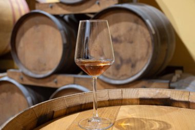 Eski büyük meşe fıçılarıyla şarap mahzenini ziyaret etmek, Marsala, Sicilya, İtalya ve şarap endüstrisindeki varillerden alınmış bir bardak güçlendirilmiş veya lezzetli marsala şarabı.