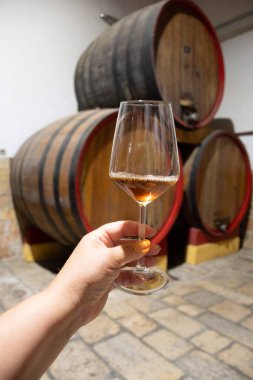 Eski büyük meşe fıçılarıyla şarap mahzenini ziyaret etmek, Marsala, Sicilya, İtalya ve şarap endüstrisindeki varillerden alınmış bir bardak güçlendirilmiş veya lezzetli marsala şarabı.