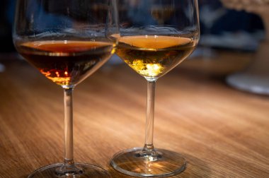 Eski büyük meşe fıçılarıyla şarap mahzeni ziyareti, güçlendirilmiş kuru veya tatlı marsala şarabı ile tatma bardakları Marsala, Sicilya, İtalya 'da şarap endüstrisi