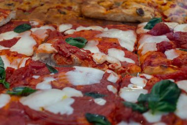 Parma, Emilia Romanya, İtalya 'daki fırında sebzeli, biberli, mantarlı, domatesli ve peynirli taze Focaccia veya pala romana pizzası sokak kafesinde sergileniyor