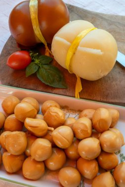 Peynir koleksiyonu, füme sarı İtalyan mini scamorza ya da inek sütünden yapılmış scamorzella peyniri.