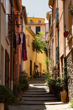 Renkli Collioure manzarası, dar sokaklar ve sarı, pembe, turuncu evler, yazlık tatil beldeleri tarihi buding ve plajlar, Pirenes-Orientales, Fransa yazın