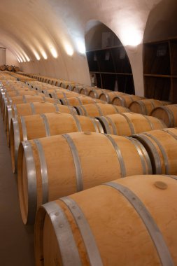 Cahors şarap üretim bölgesinde şarap fıçıları, kırmızı malbec şarapları, Fransa 'nın şatosunda şarap tatma, enotürizm