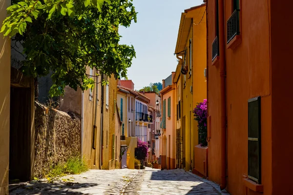 Renkli Collioure manzarası, dar sokaklar ve sarı, pembe, turuncu evler, yazlık tatil beldeleri tarihi buding ve plajlar, Pirenes-Orientales, Fransa yazın
