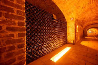 Yeraltı mağaralarının tozlu şişelerini ziyaret etmek, geleneksel yöntemlerle Reims, Epernay, Champagne, France 'da şampanya yapmak.