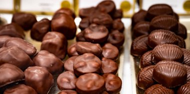 El yapımı çikolatalı pralin bonbonlar, palmiye yağı olmadan nasıl kalite, zarif, ısırık büyüklüğünde, parlak kaplamalı, zengin kakaolu, farklı dolgulu, fındıklı, kuru üzümlü,