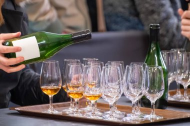 Ziyaretçiler için özel tatma etkinliği, bir bardak şampanyayla yemek eşleşmesi, Fransa 'da kış yemekleri ve şarap festivalinde ünlü aşçıların hazırladığı lezzetli yemekler.