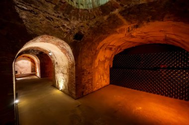 Yeraltı mağaralarının tozlu şişelerini ziyaret etmek, geleneksel yöntemlerle Reims, Epernay, Champagne, France 'da şampanya yapmak.