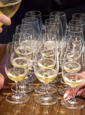 Ziyaretçiler için özel tatma etkinliği, bir bardak şampanyayla yemek eşleşmesi, Fransa 'da kış yemekleri ve şarap festivalinde ünlü aşçıların hazırladığı lezzetli yemekler.