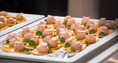 Ziyaretçiler için özel tatma etkinliği, bir bardak şampanyayla yemek eşleşmesi, Fransa 'da kış yemekleri ve şarap festivalinde ünlü aşçıların hazırladığı lezzetli yemekler.